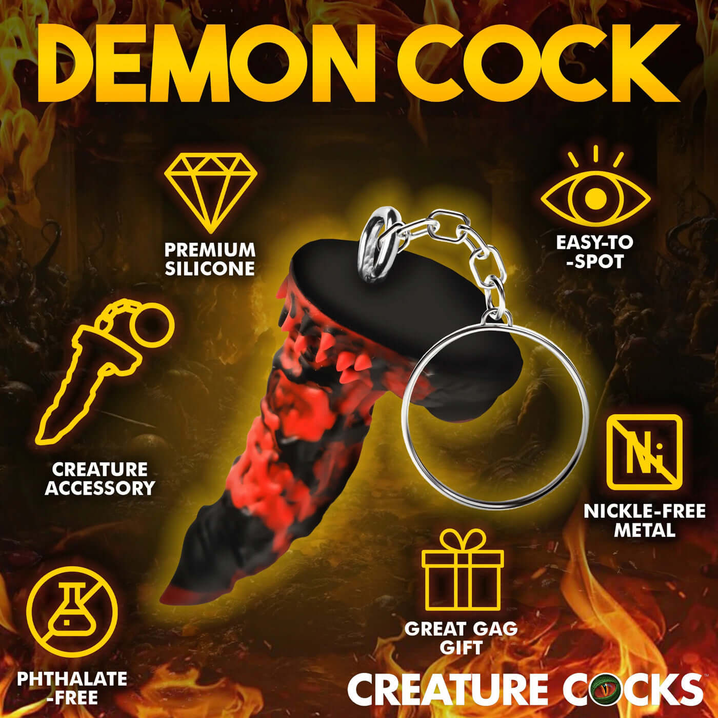 Fire Demon keychain made of premium silicone in red and black, shown with features like easy-to-spot, phthalate-free, and nickel-free metal