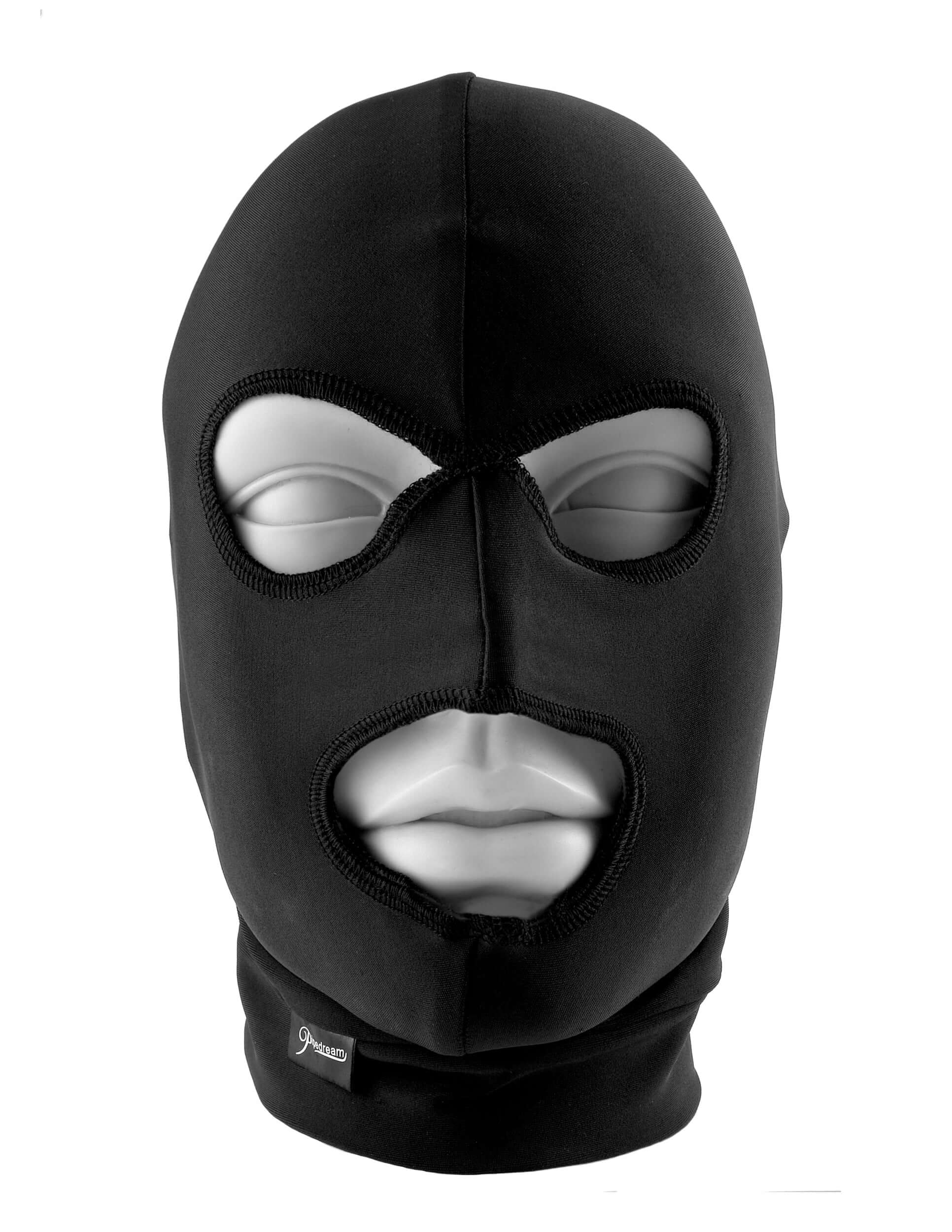 Fetish Fantasy Series Limited Edition Spandex Hood displayed on a mannequin, showcasing full-head design and eye openings.