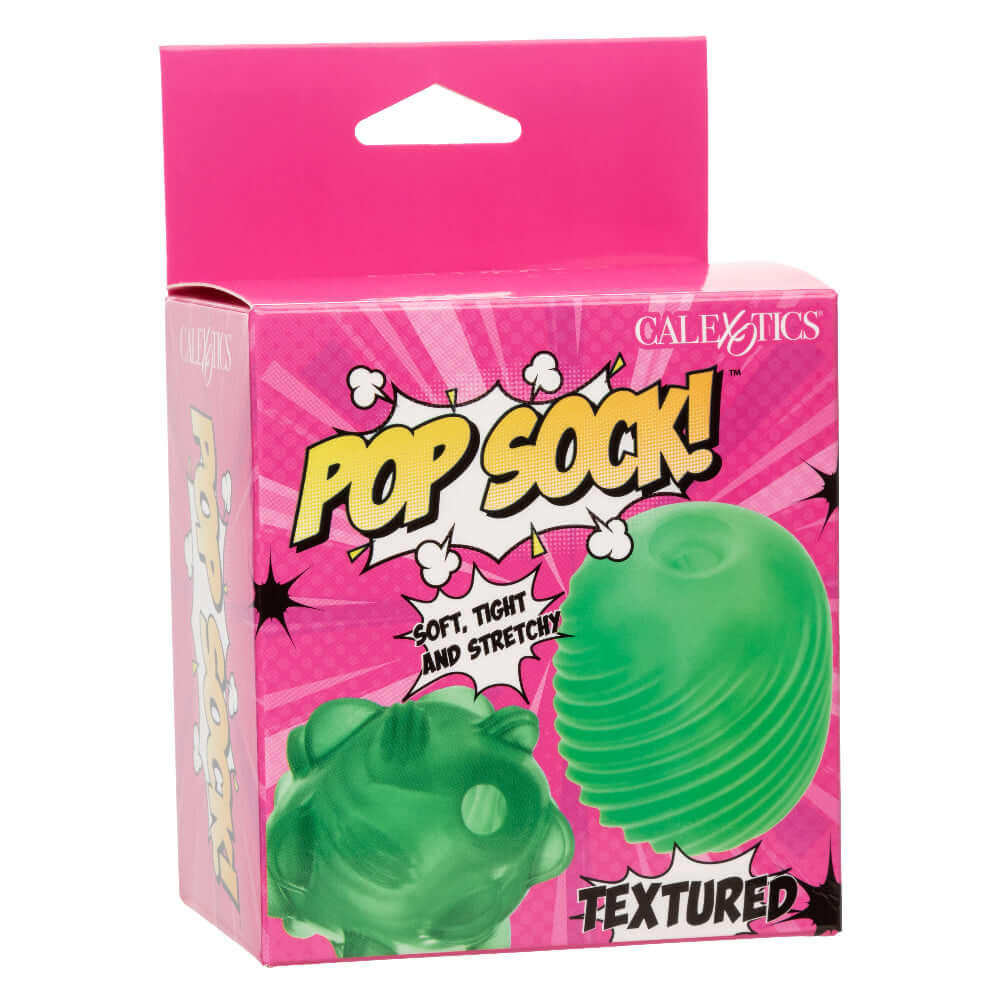 Pop Sock Textured Stroker Green packaging featuring a soft, tight, and stretchy design for ultimate pleasure.