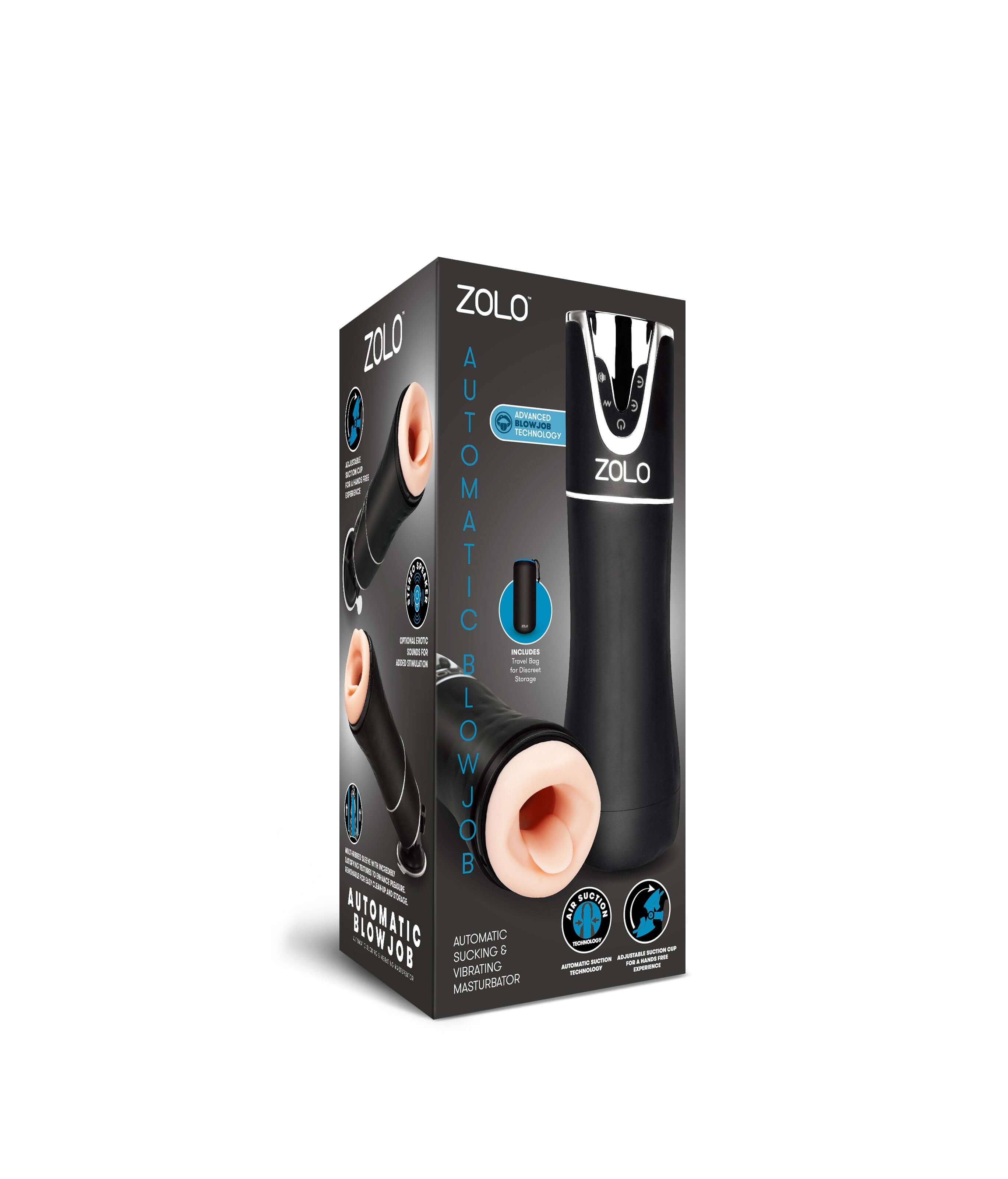 Zolo Automatic Blowjob Masturbator Black displayed in packaging, featuring advanced suction and vibration technology.