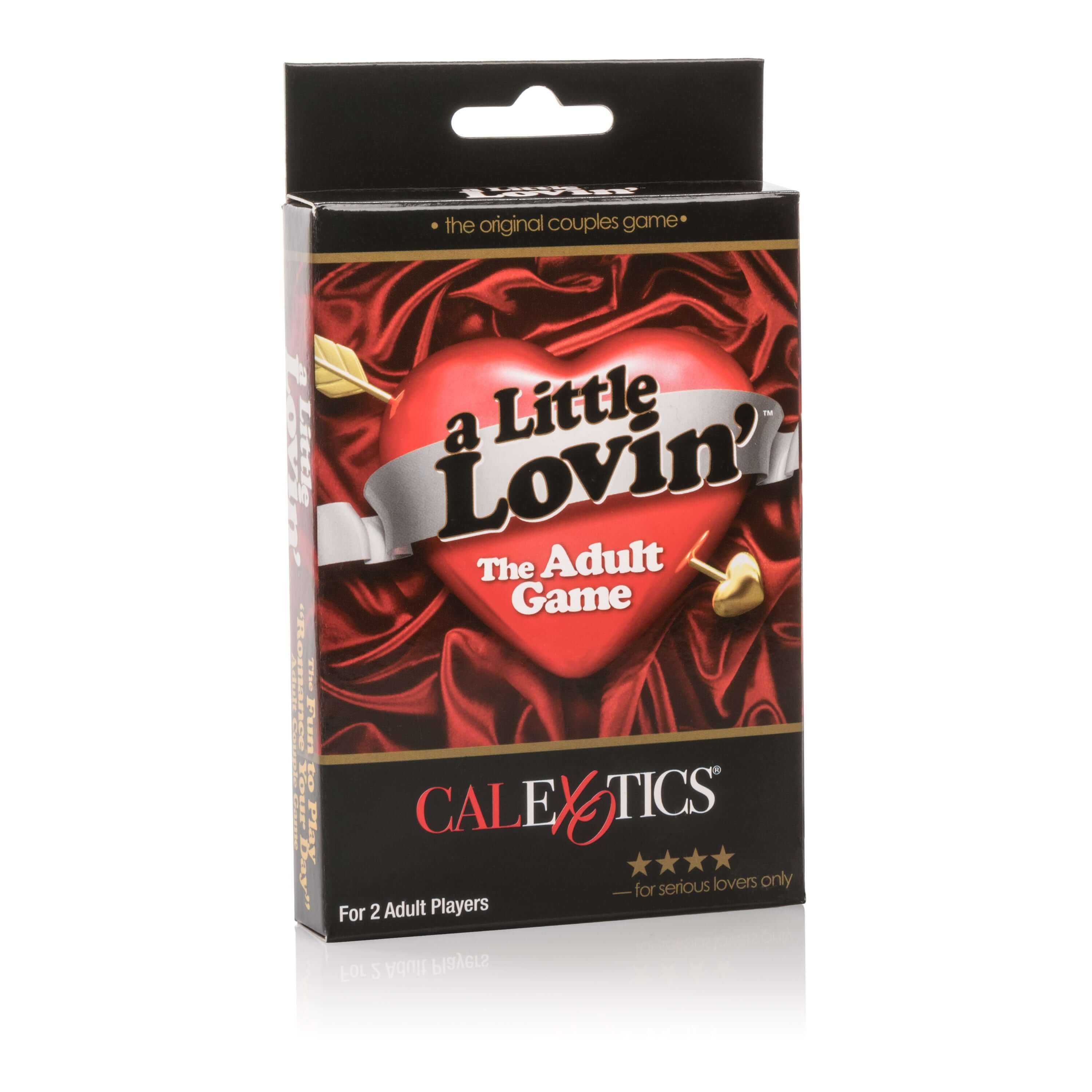 A Little Lovin Couples Card Game box design featuring a heart, designed for 2 adult players.