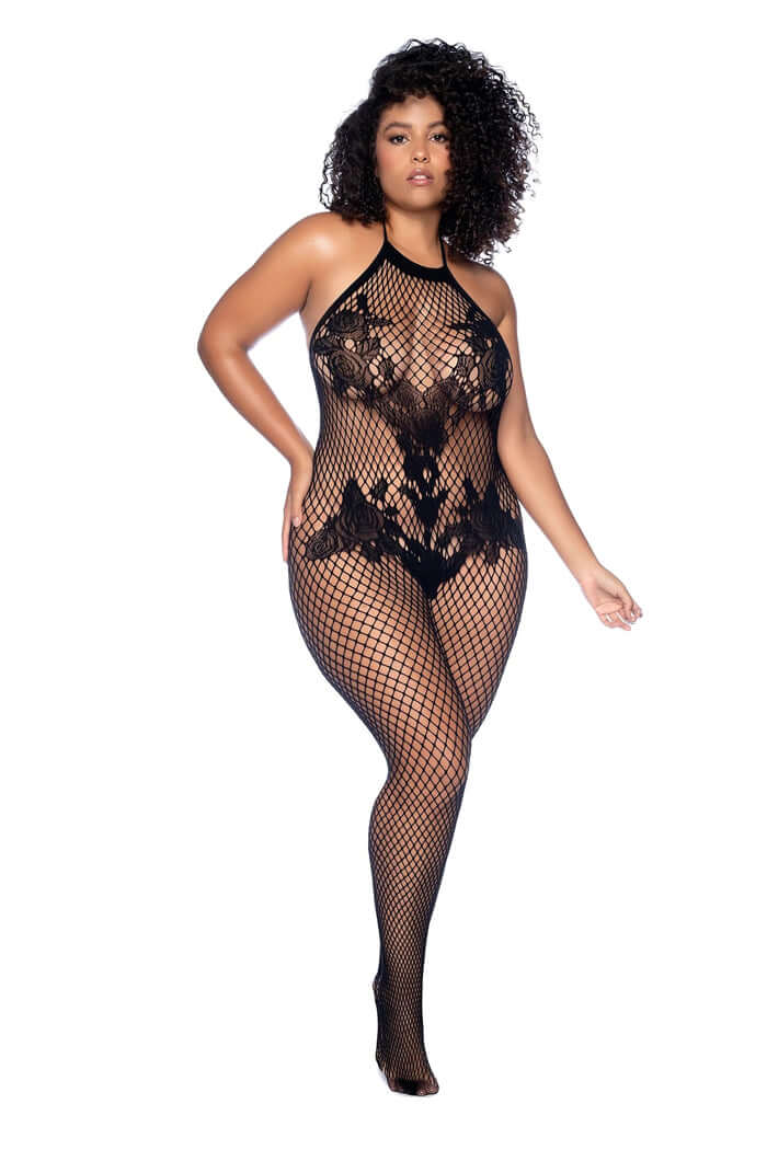 Vino Noir Floral Fishnet Bodystocking Plus - O/sx - Black-0