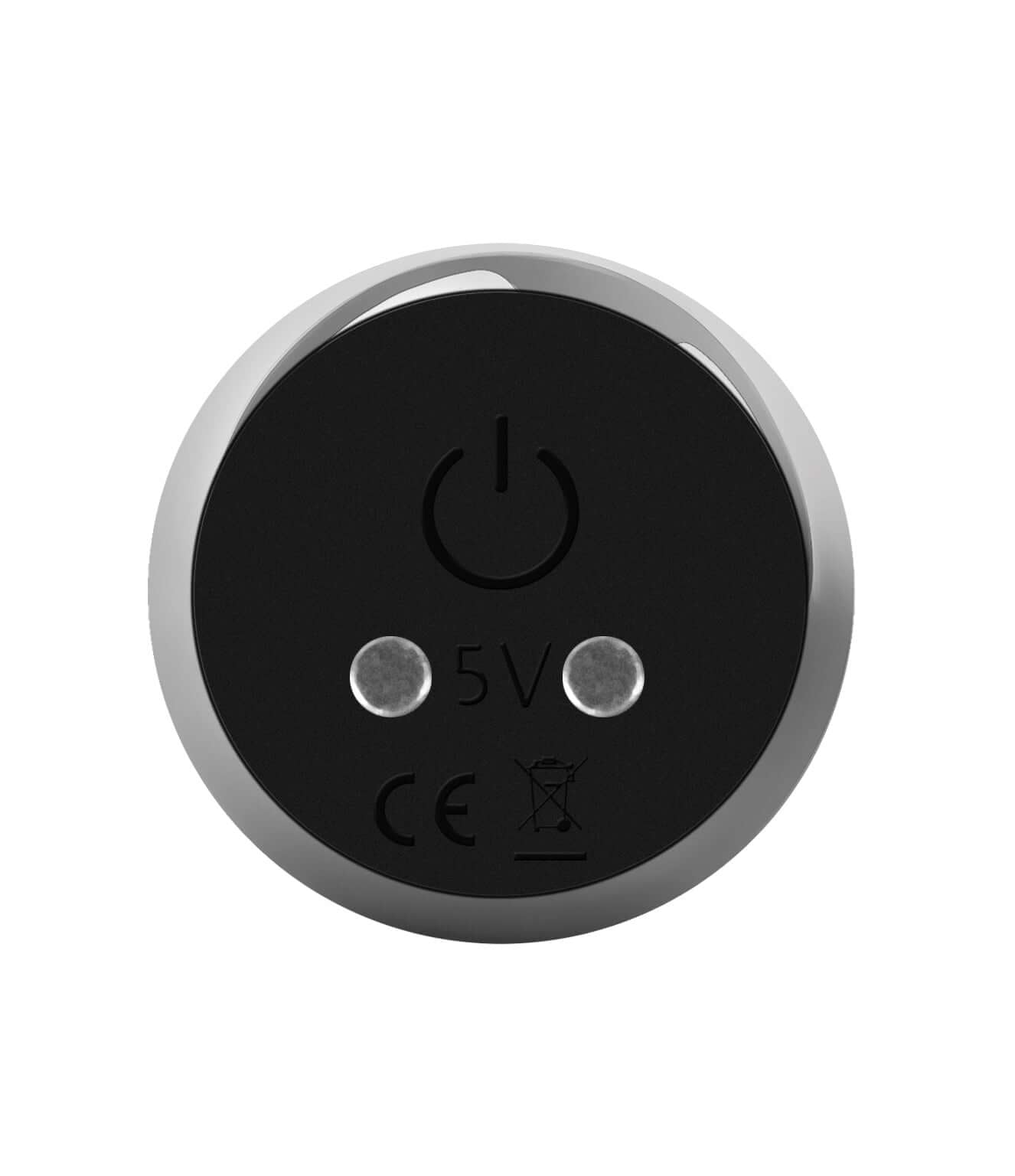 Close-up view of the charging port of the Full Metal Love Bullet Vibrator Silver with power button and specification markings.