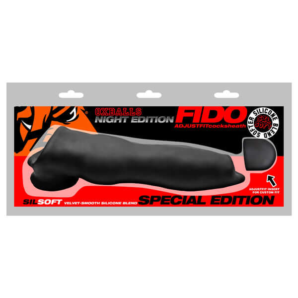 Oxballs Fido Velvet Smooth Cocksheath in Black, made from Silsoft silicone blend for enhanced pleasure.