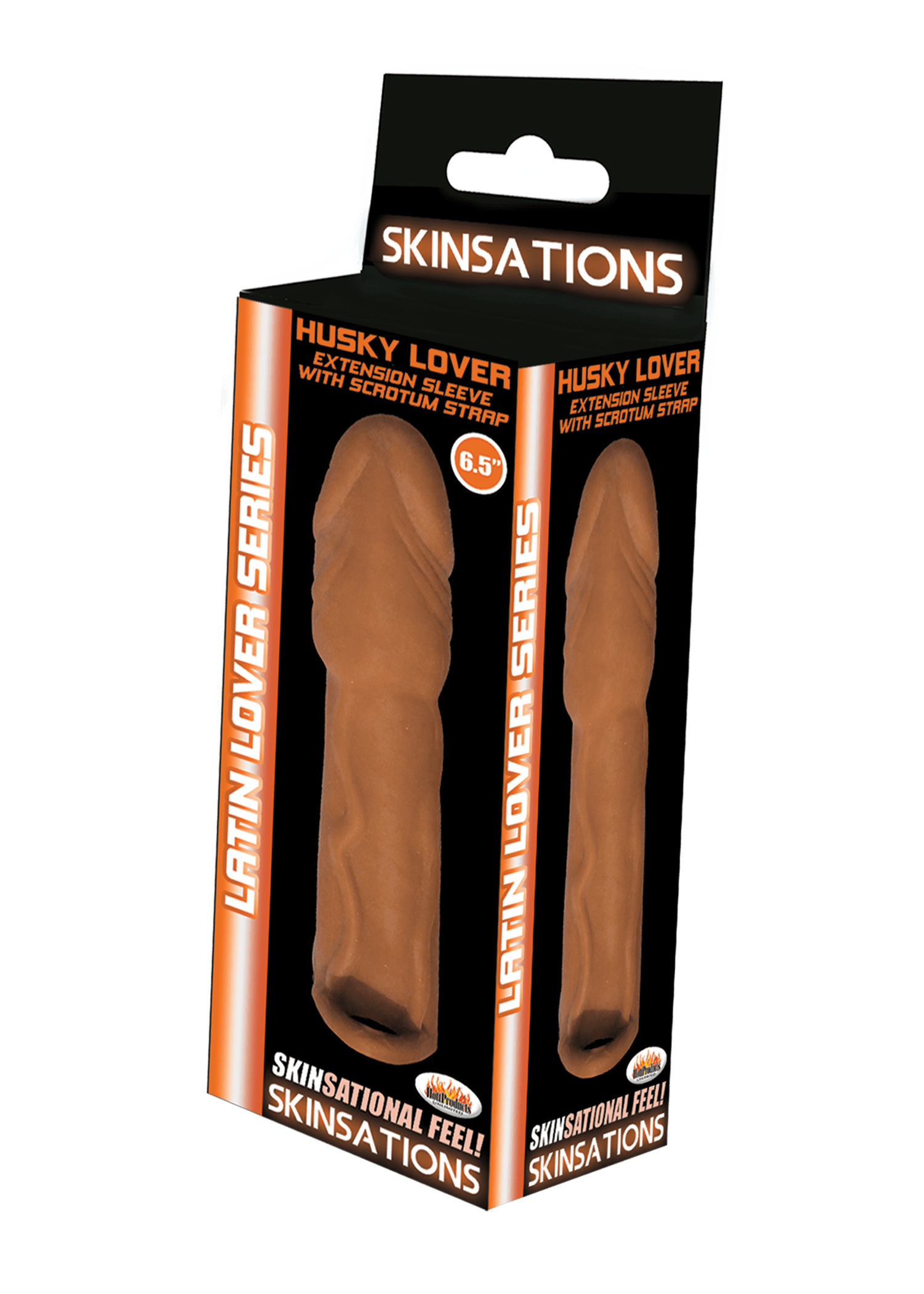 Skinsations Latin Lover Series Husky Lover 6.5 Inch Brown extension sleeve package, designed for enhanced sensation.
