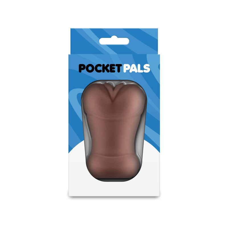 Pocket Pals Vagina Stroker Brown packaged in a colorful box, showcasing the compact design for discreet pleasure.
