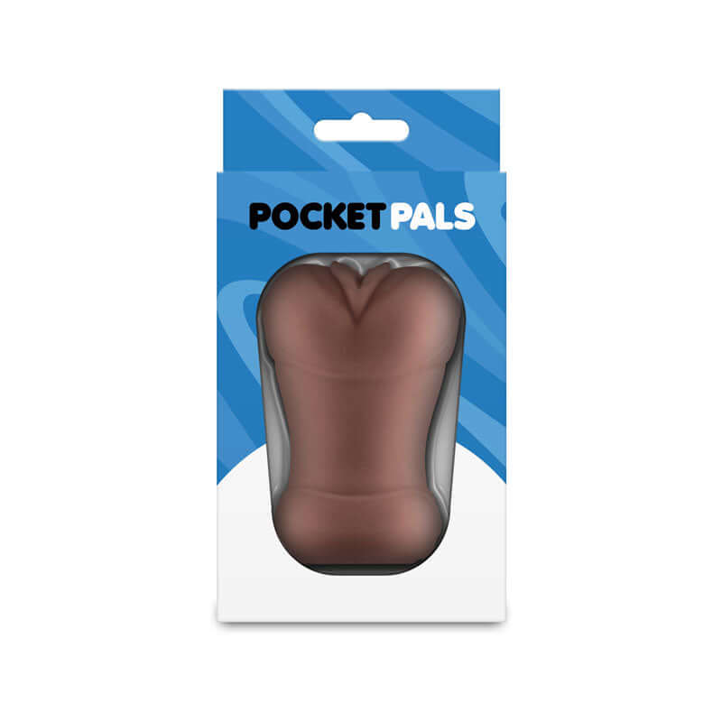 Pocket Pals Vagina Stroker Brown packaged in a colorful box, showcasing the compact design for discreet pleasure.