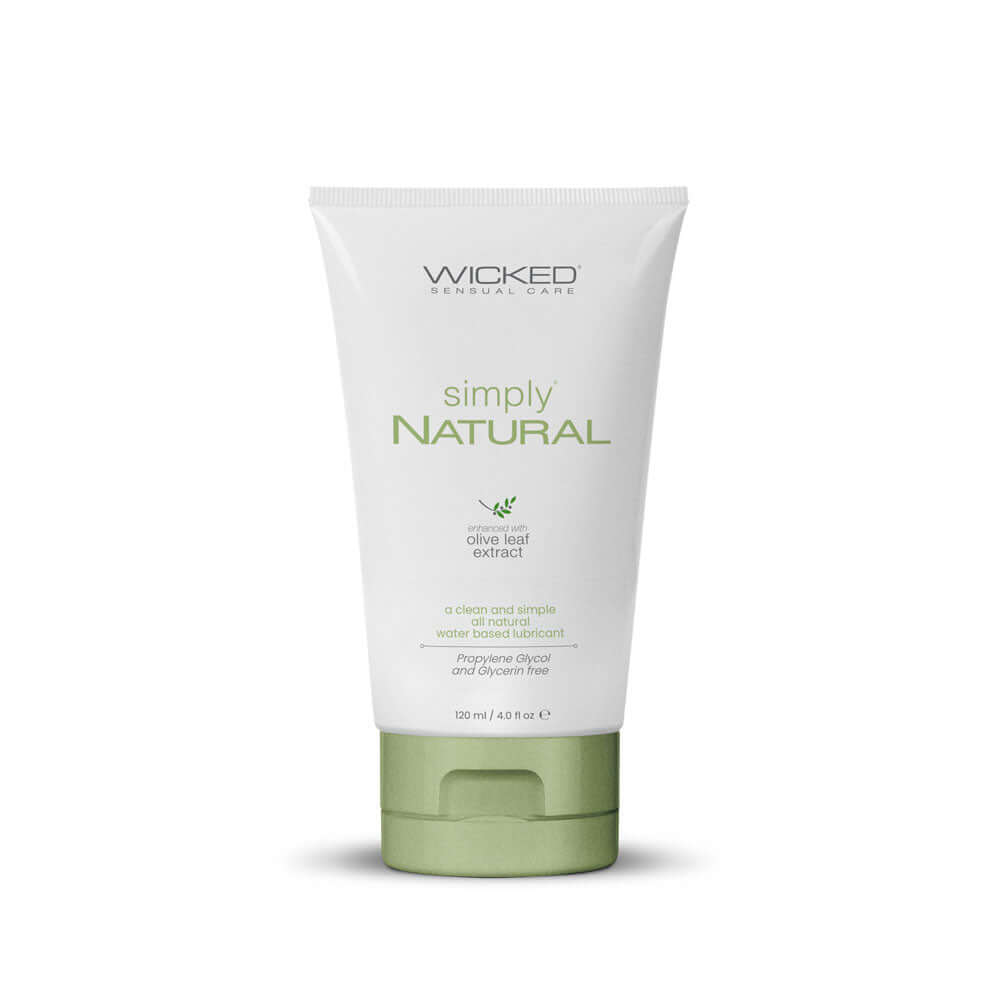 Wicked Simply Natural Lubricant 4 Oz tube featuring olive leaf extract and water-based formula.
