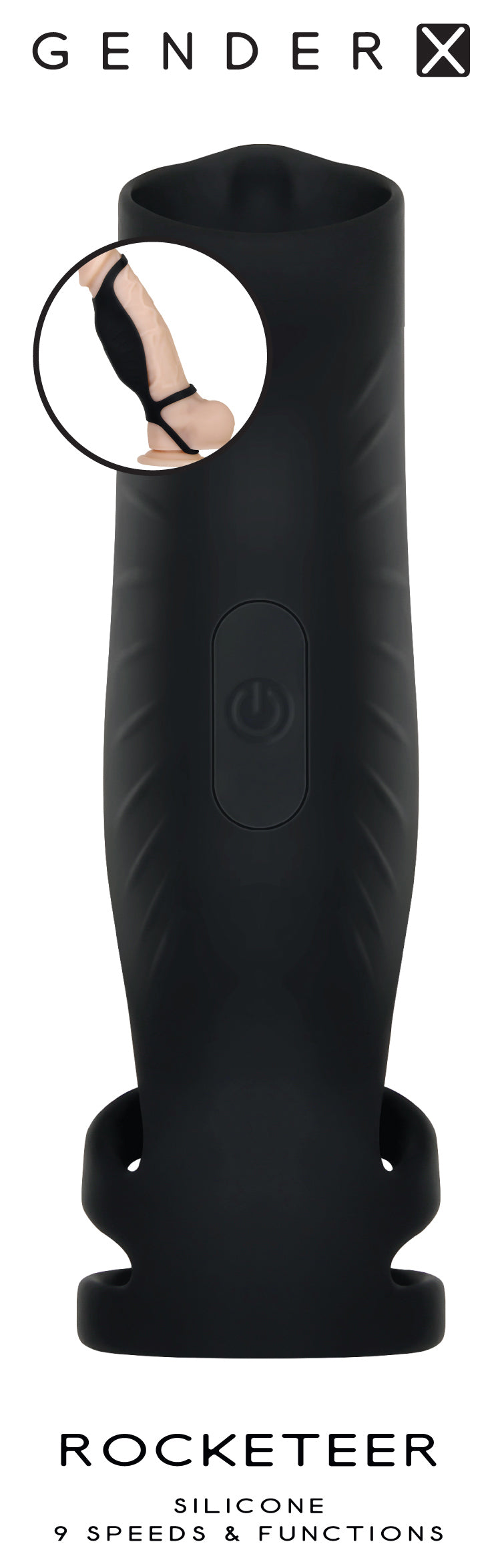 Gender X Rocketeer Rechargeable Penis Sleeve Black featuring a sleek silicone design and customizable stimulation options.