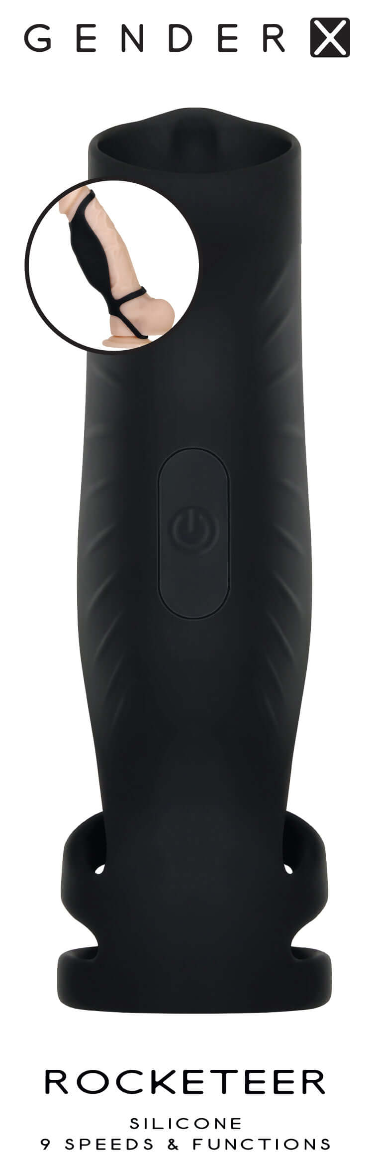Gender X Rocketeer Rechargeable Penis Sleeve Black featuring a sleek silicone design and customizable stimulation options.