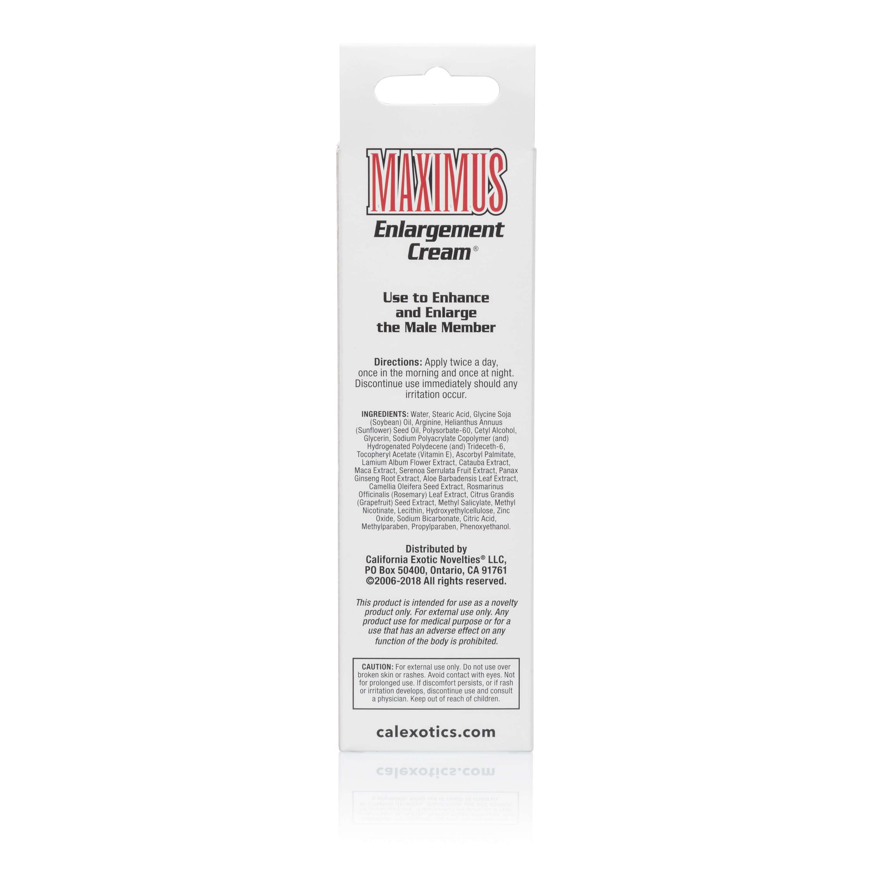 Maximus Enlargement Cream 1.5 Oz packaging showing directions for use and product information.