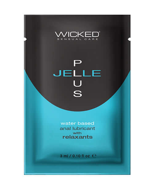 Wicked Jelle Plus Water Based Anal Lubricant with Relaxants 3 ml packaging in blue and black color.