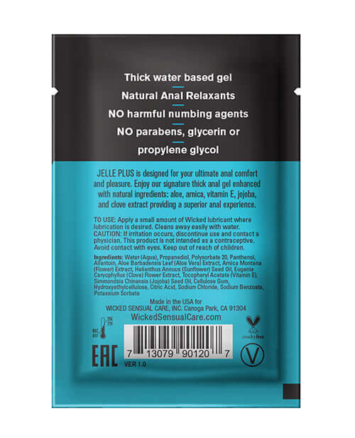 Wicked Jelle Plus Water Based Anal Lubricant with Relaxants 3 ml packaging details and ingredients.