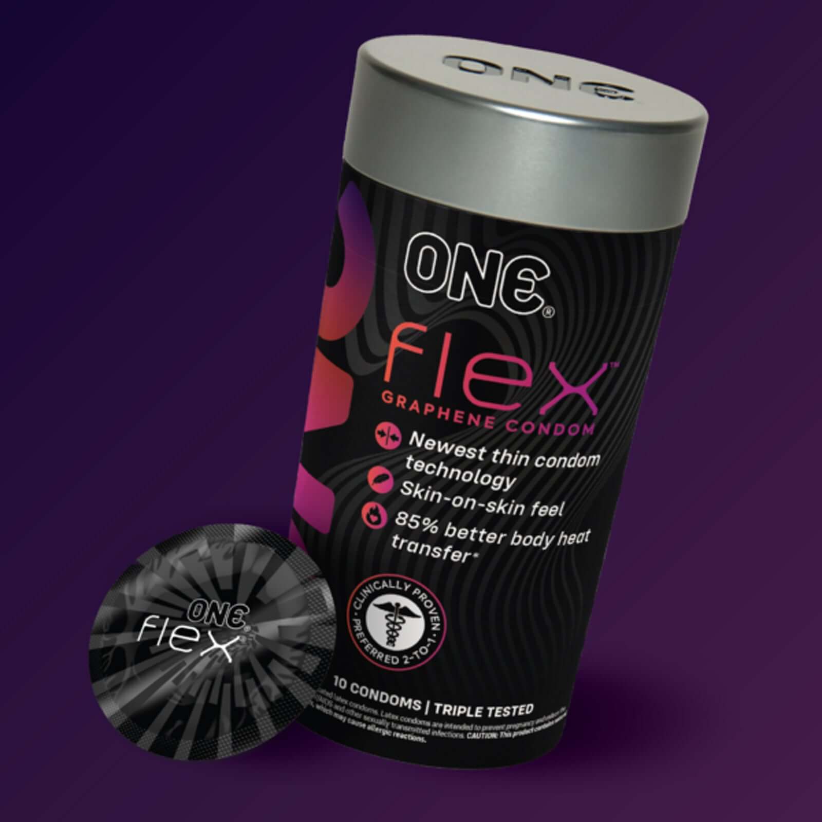 One Flex 10 Count Graphene Condoms with ultra-thin technology, 85% better heat transfer, and skin-on-skin feel packaging.
