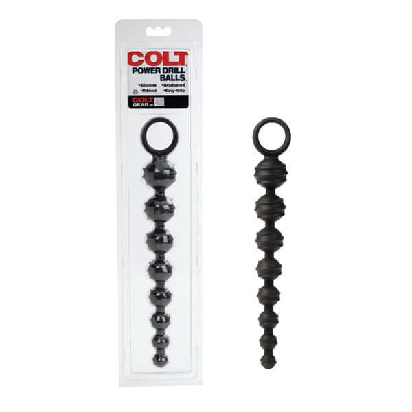 Colt Power Drill Balls black silicone anal beads with easy grip pull ring in packaging and displayed separately