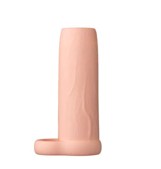 Performance 4.25 Inch Enhancement Penis Sleeve Beige on a white background, showcasing its realistic design and ribbed texture.