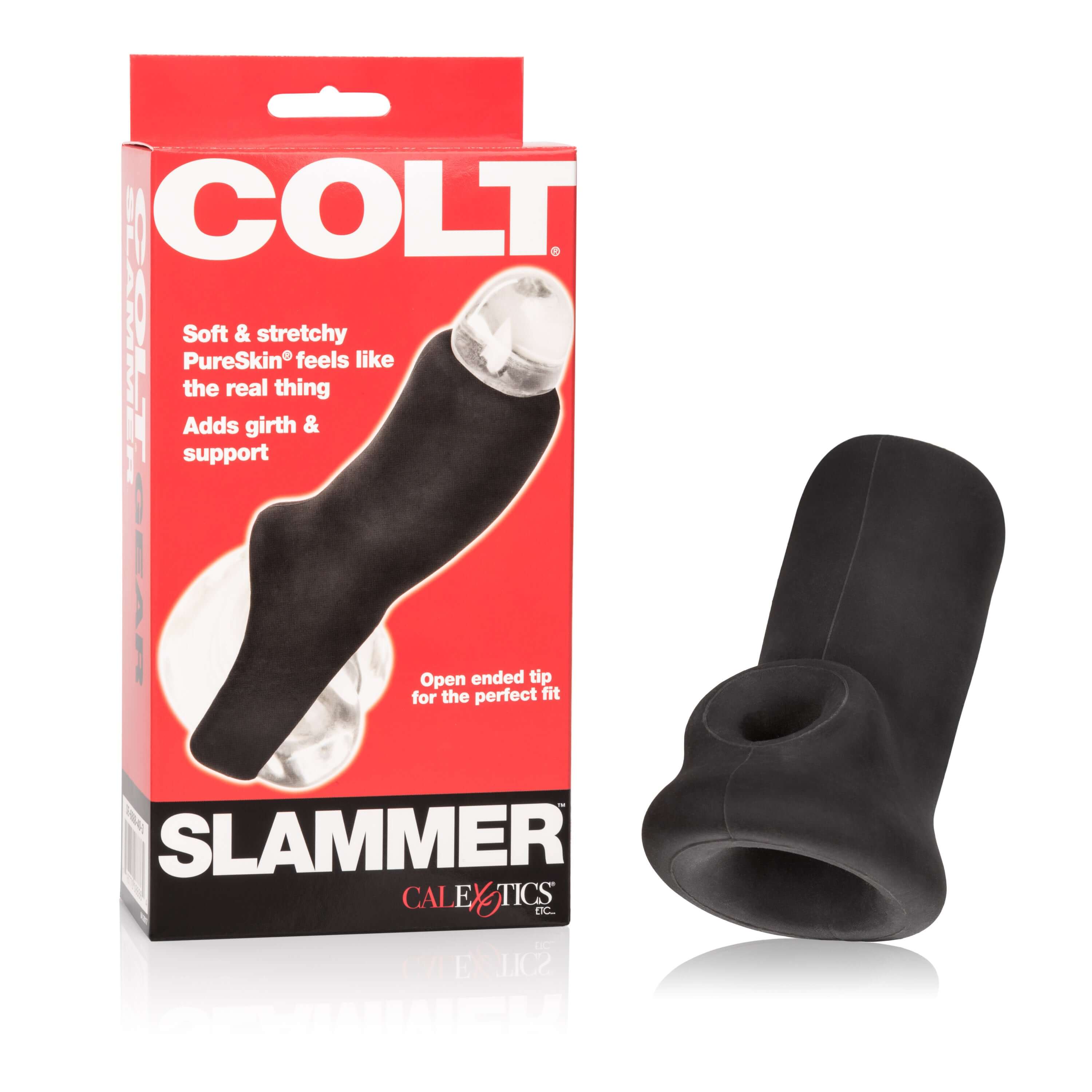 Colt Slammer Girth Enhancer Black packaging and product display, featuring a stretch-to-fit enhancer design.