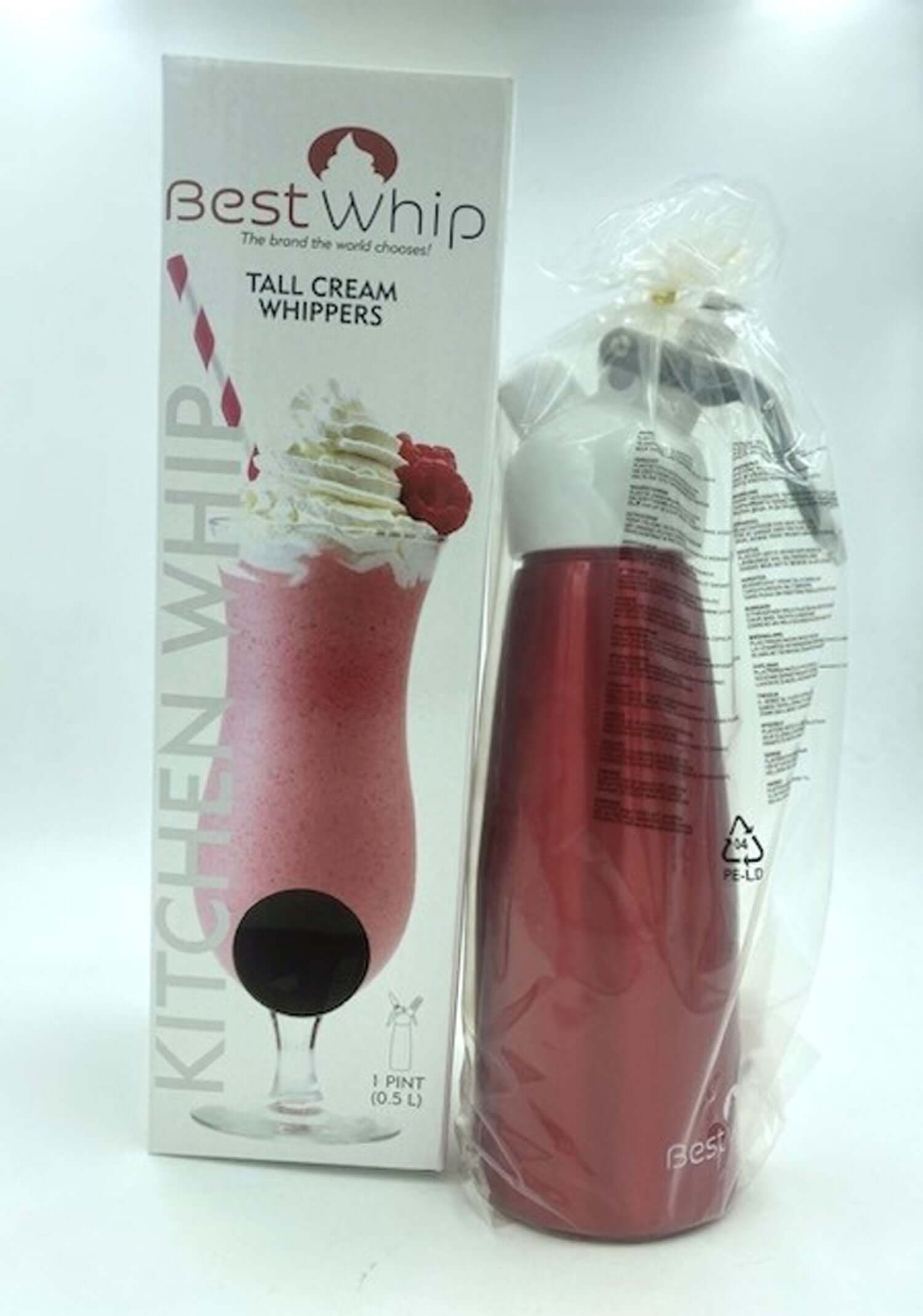 Tall cream whipper 1 pint in red, perfect for whipping cream, mousses, and desserts, with packaging.