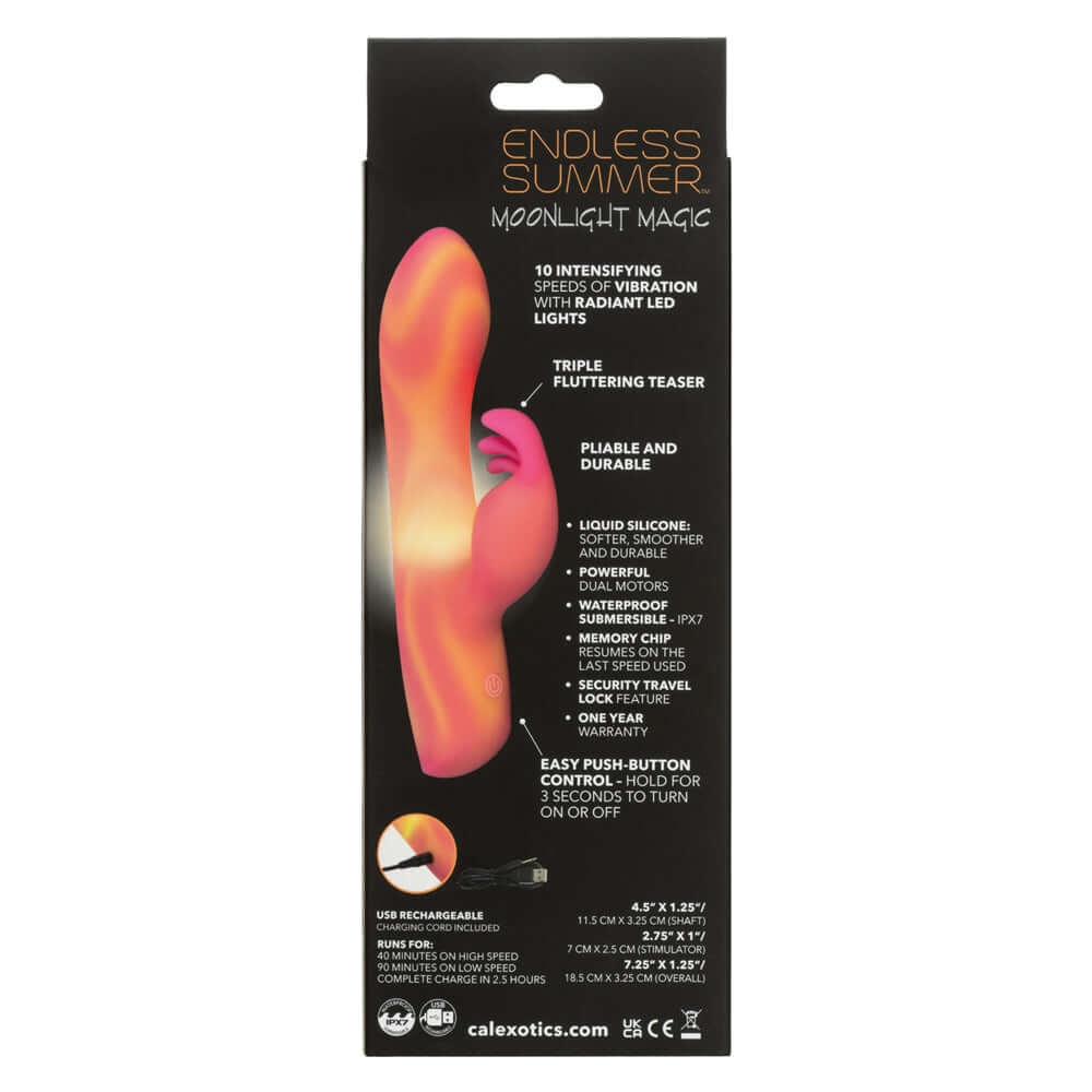 Endless Summer Moonlight Magic Vibrator Orange packaging showcasing its features and design.