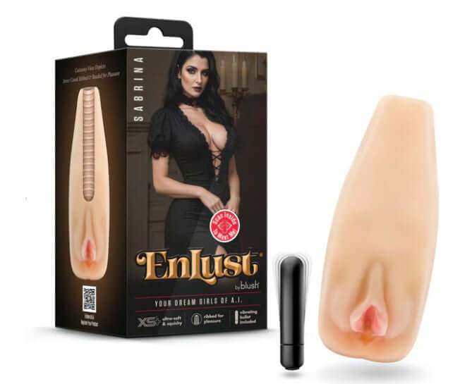 Enlust Sabrina Male Masturbator With Bullet Vibrator Beige next to the packaging featuring a model.