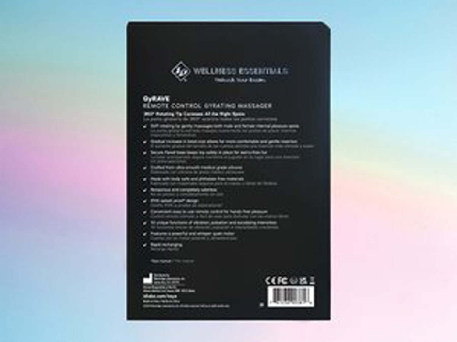 Back view of Gyrave Remote Control Gyrating Massager packaging featuring product details and instructions.