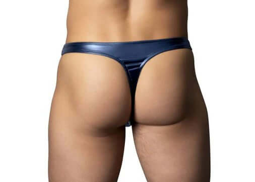 Male Power Liquid Onyx 2.0 Moonsh Large XL Blue thong showcasing a sleek wet look design on a model.