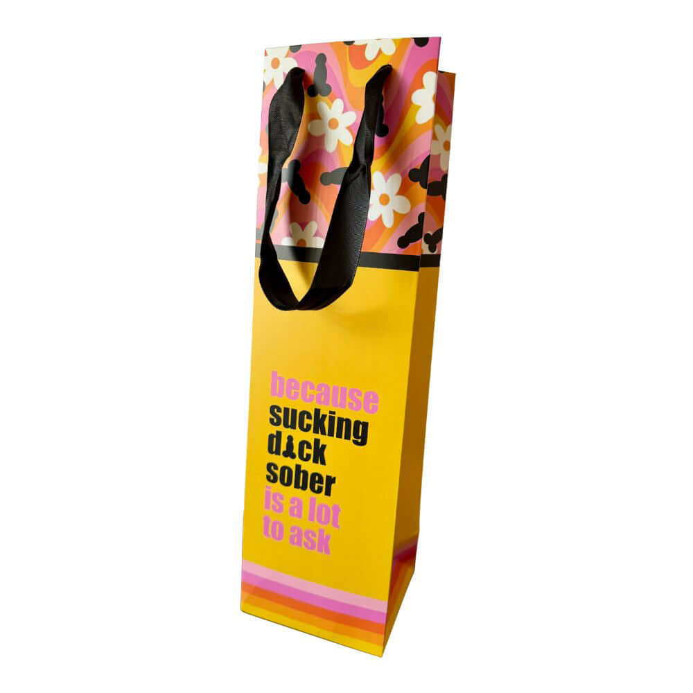 Sucking Dick Sober Wine Gift Bag with colorful design and humorous phrase, perfect for parties and celebrations.