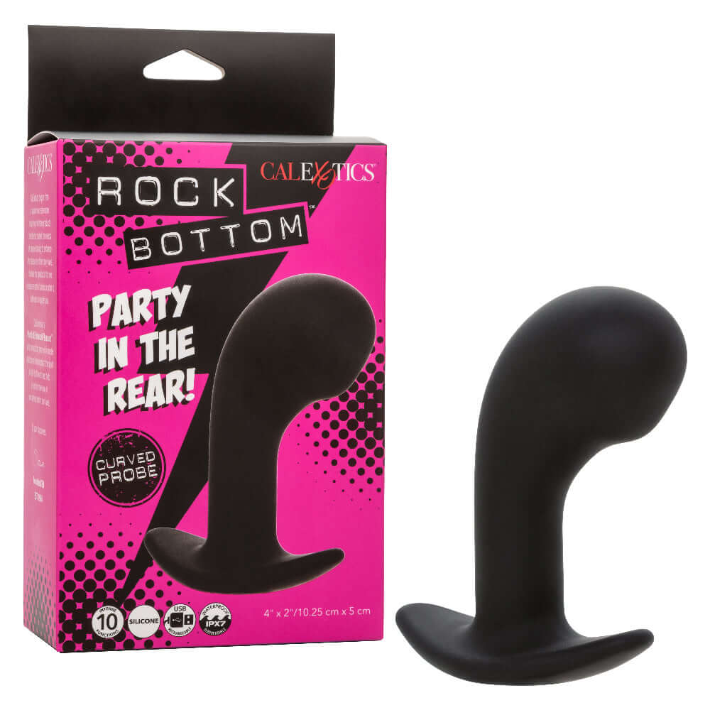 Rock Bottom Curved Probe - Black, sleek design for enhanced pleasure, packaging and product shown together.