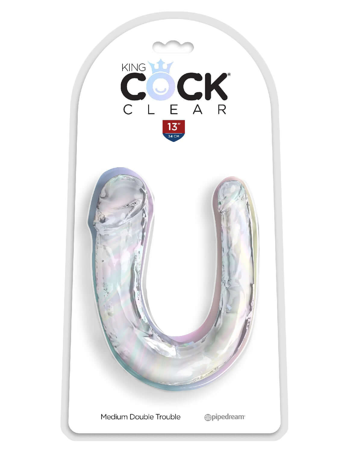 King Cock Clear Double Trouble Dildo in packaging showing flexible translucent double-ended design