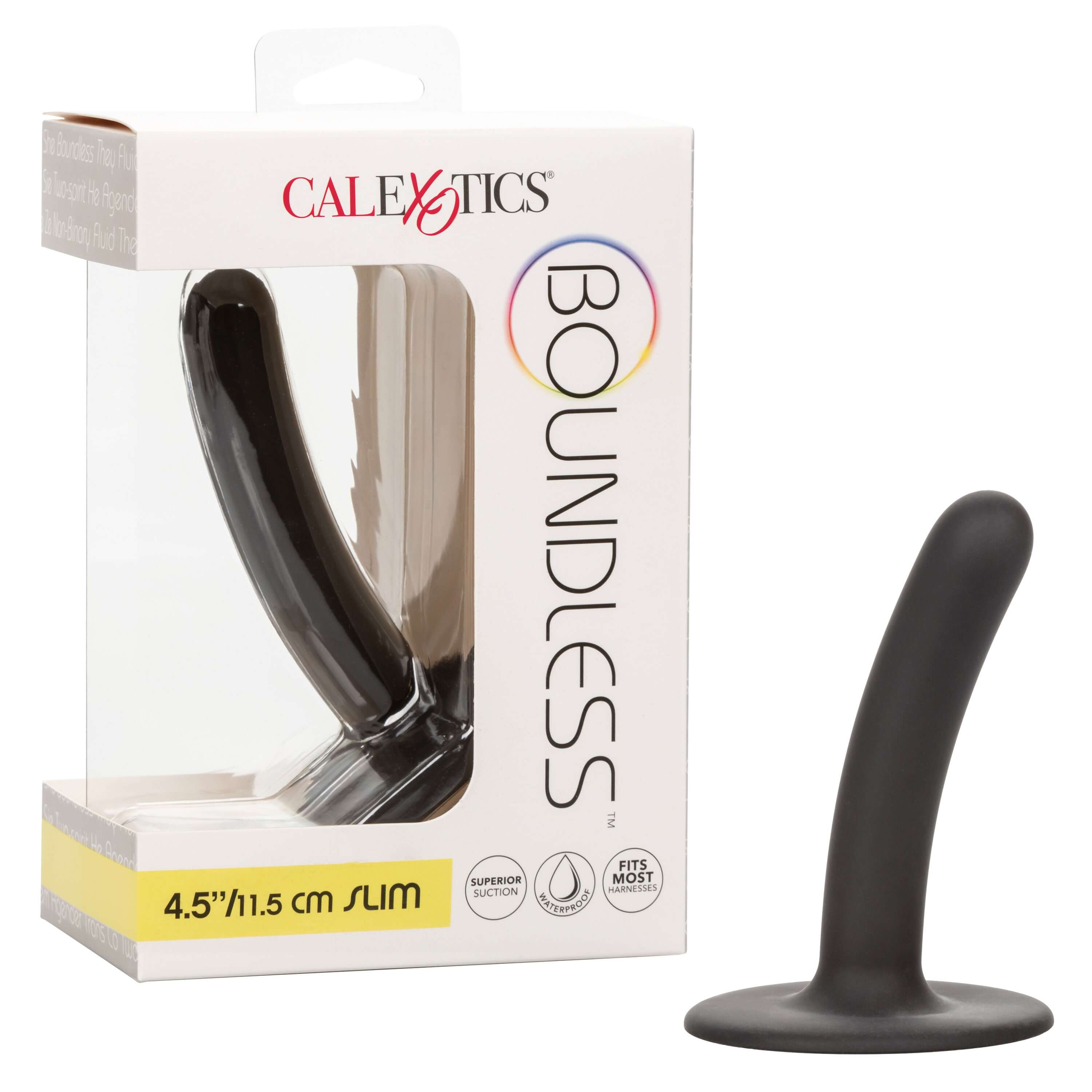 Boundless Slim Probe Dildo 4.5 Inch Black in packaging, designed for precise internal stimulation.
