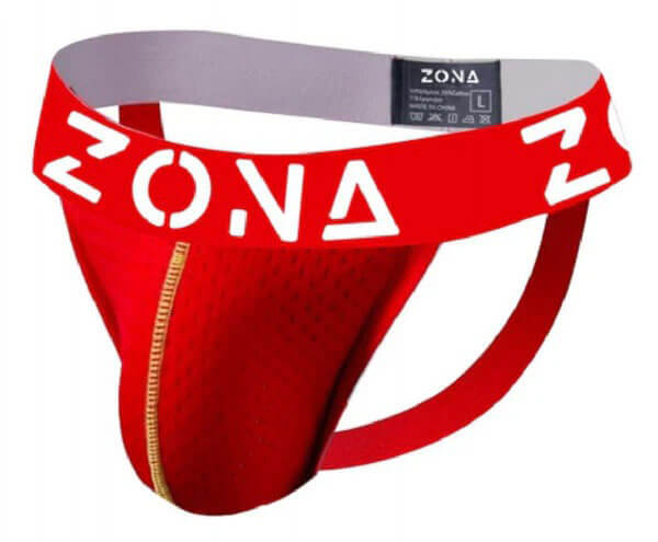 ZONA Red Rush Jockstrap Large in vibrant red with a wide branded waistband, designed for comfort and support.