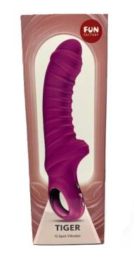 Fun Factory Tiger G-Spot Vibrator Magenta in packaging showing vibrant design and flexible shaft for stimulation.