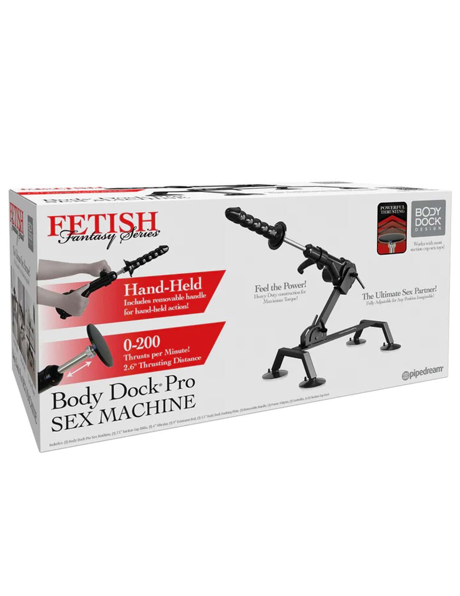 Fetish Fantasy Series Body Dock Pro Sex Machine in box with adjustable thrust angles and sturdy design featuring suction cup feet.