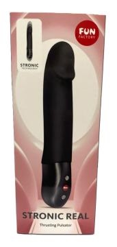 Fun Factory Stronic Real Thrusting Pulsator Black in packaging showcasing its ergonomic design and thrusting features.