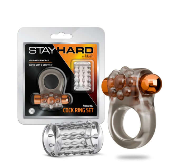 Blush Stay Hard Vibrating Cock Ring Set With Sleeve packaging with a cock ring and textured sleeve for enhanced pleasure.