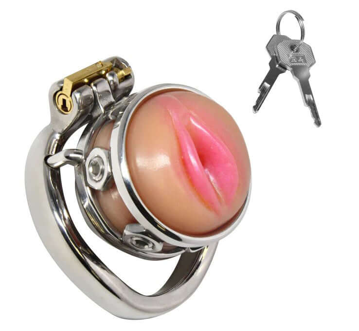 Pussy Boy Metal Chastity Cage Silver featuring durable stainless steel and soft silicone cap, secure design with keys.
