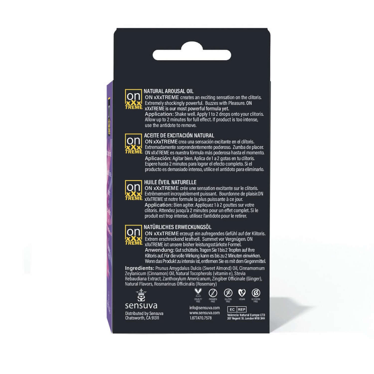 Back view of On Xxxtreme Arousal Oil 5ml Medium Box detailing product features and ingredients.