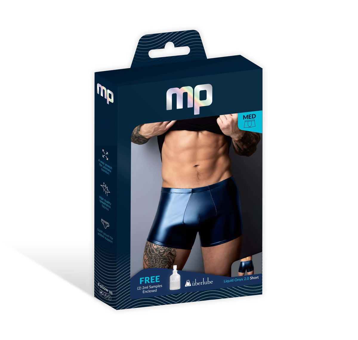 Male Power Liquid Onyx 2.0 Short Medium Blue packaging featuring a model showcasing the sleek design.