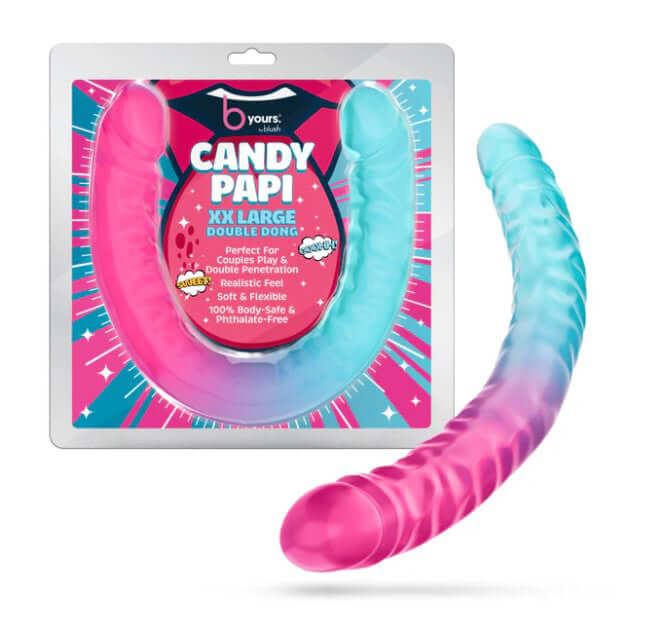B Yours Candy Papi XX Large Double Dong 17.75 inch in vibrant colors, showcasing its dual-ended design and packaging.
