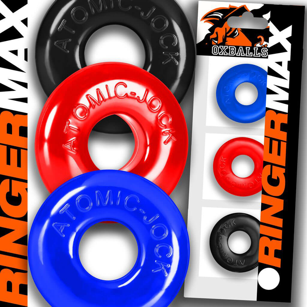 Oxballs Ringer Max Cock Ring 3 Pack in red, blue, and black featuring a thicker and stronger design for enhanced support.