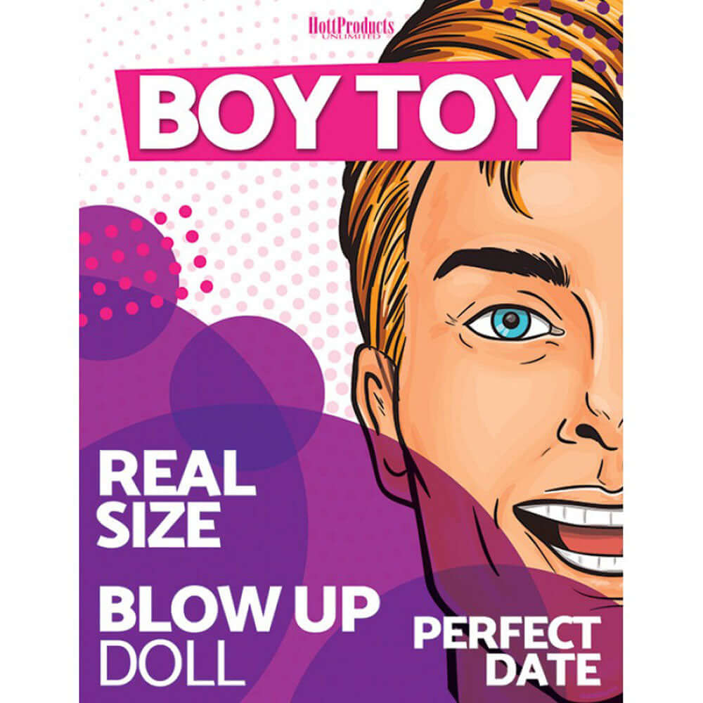 Boy Toy Real Size Blow Up Doll packaging featuring colorful graphics for parties and playful entertainment.