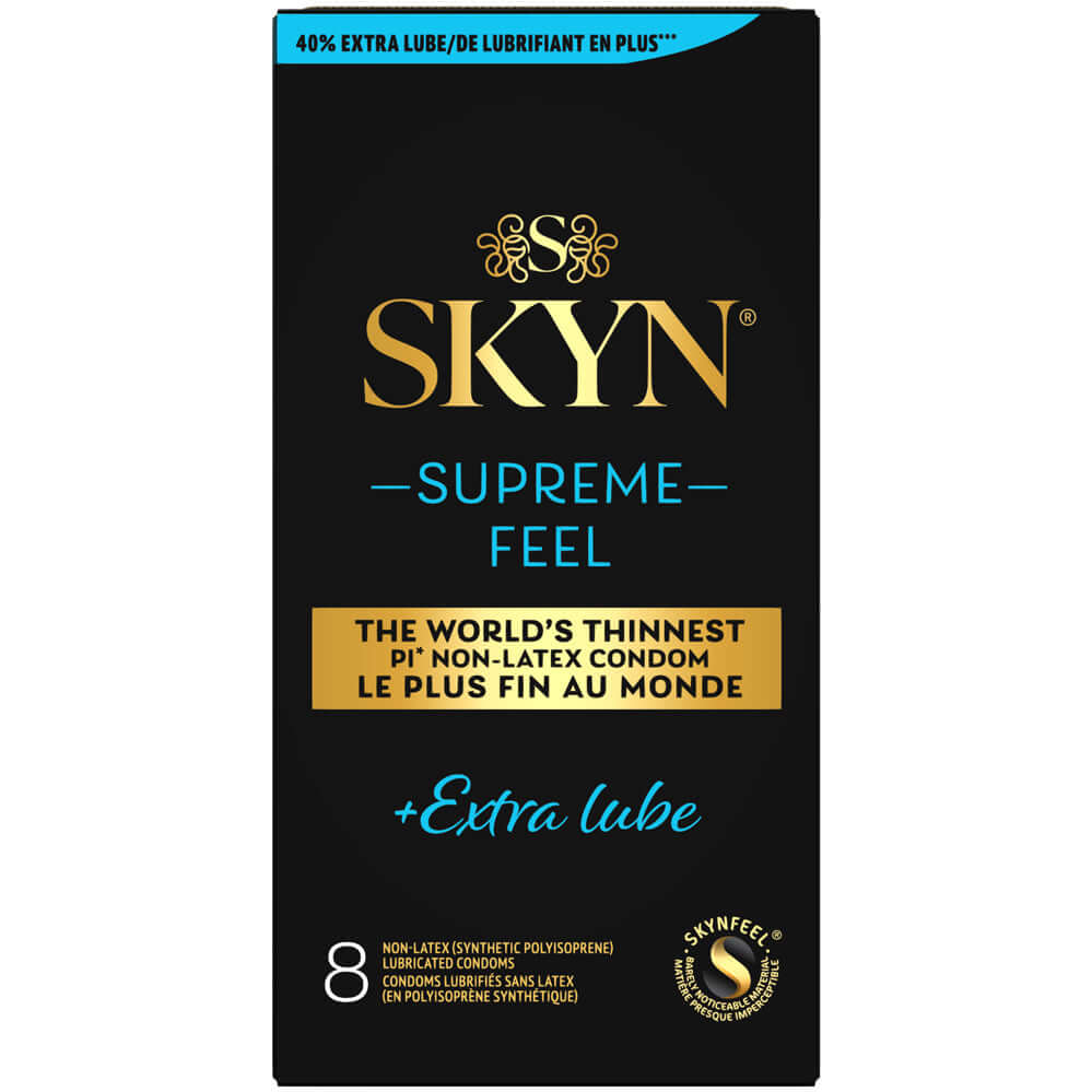Skyn Supreme Feel Extra Lube Condoms 8 Pack featuring ultra-thin design and 40% more lubricant for enhanced sensitivity.
