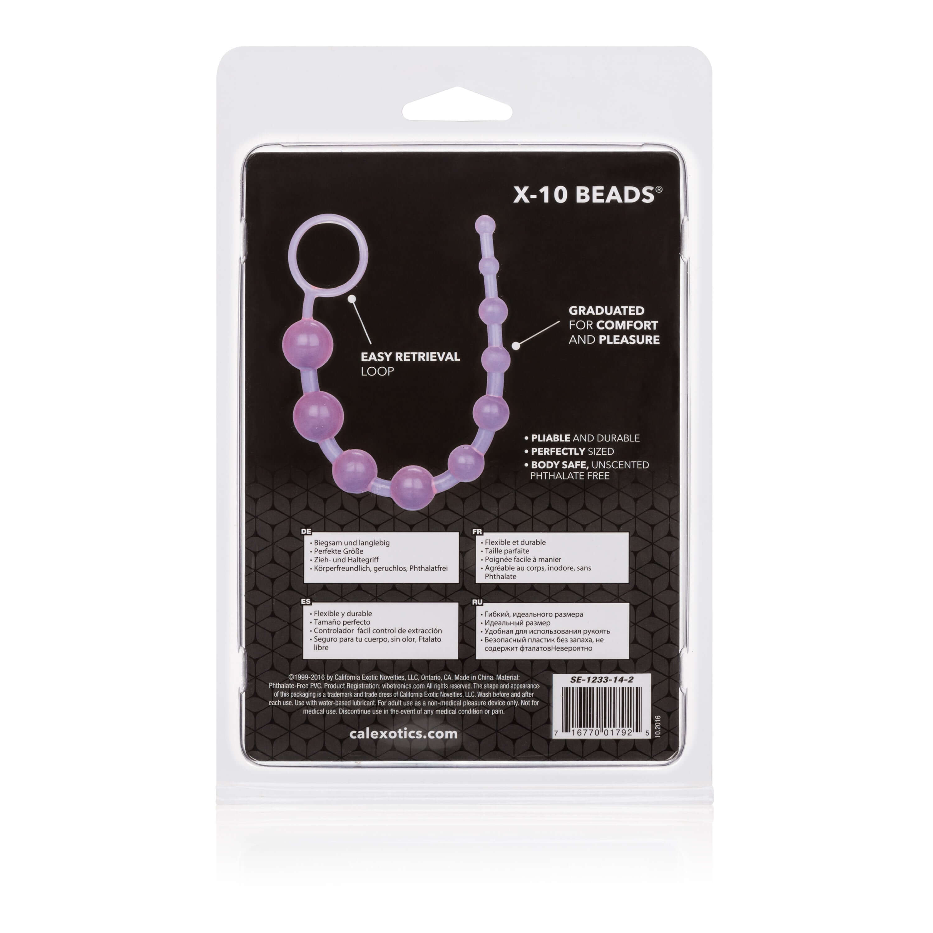 X-10 Anal Beads Graduated Purple packaging showing easy retrieval loop and bead design for anal pleasure.