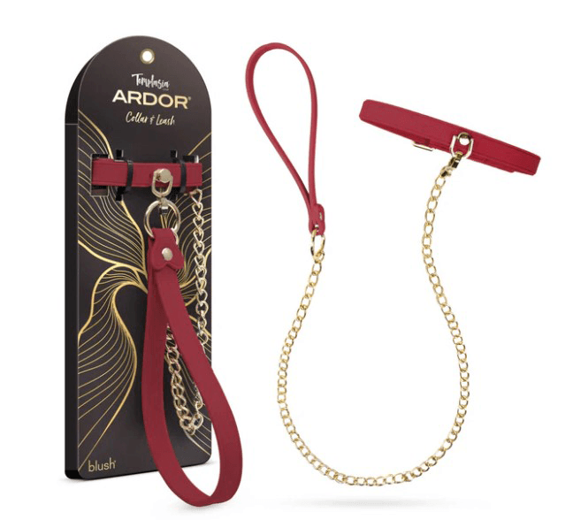 Temptasia Ardor Collar and Leash Red displayed with elegant gold chain and packaging design.