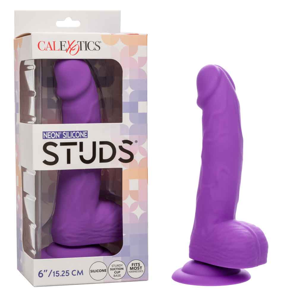 Neon Silicone Studs 6 Inch Dildo - Purple in packaging and standing upright