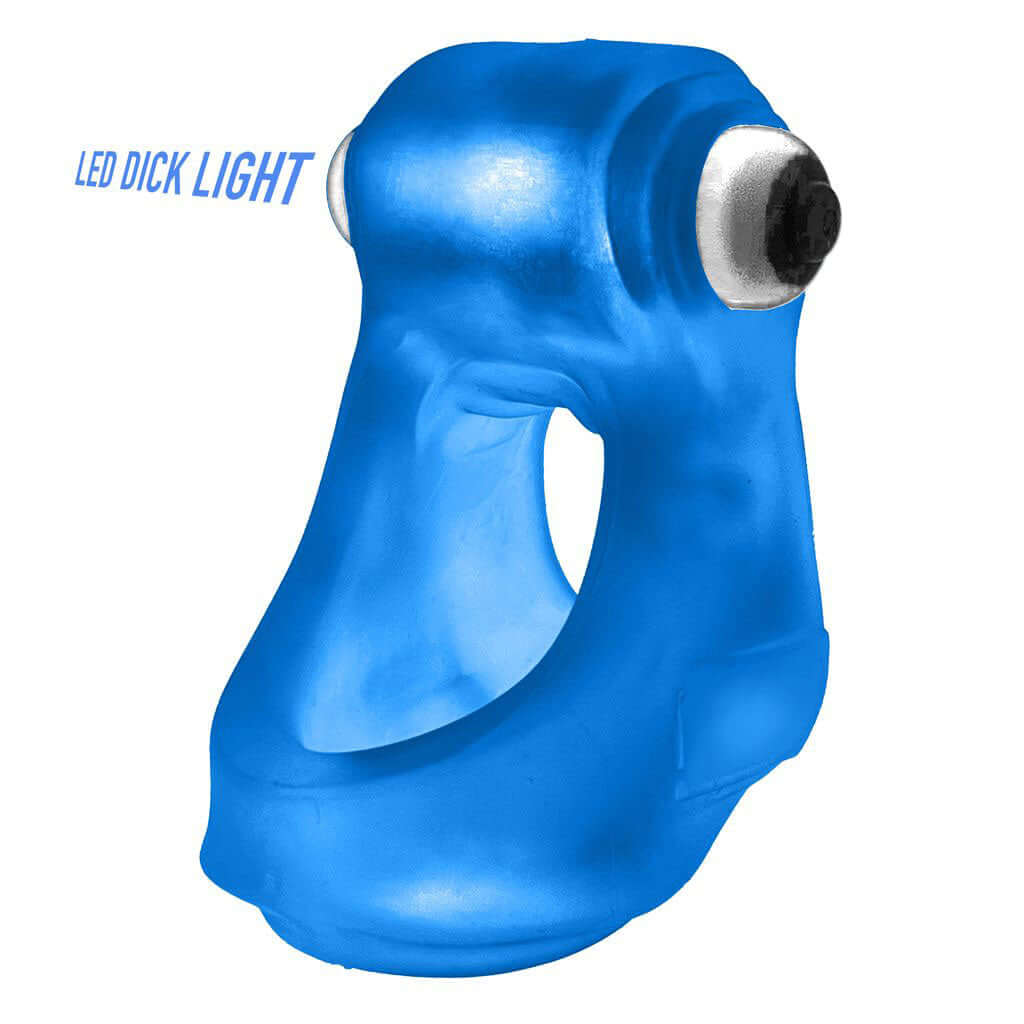 Oxballs Glowsling Cocksling LED Blue Ice with top-mounted LED light, made of squishy rubbery material for enhanced durability and comfort.