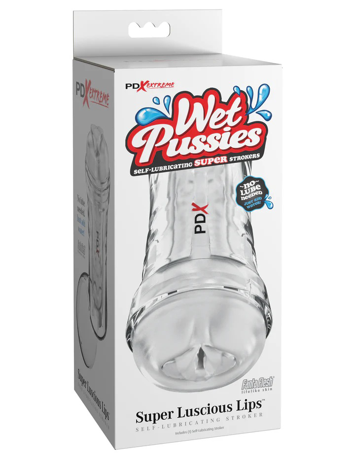 Wet Pussies Super Luscious Lips Self-Lubricating Stroker product packaging with clear male pleasure sleeve design.