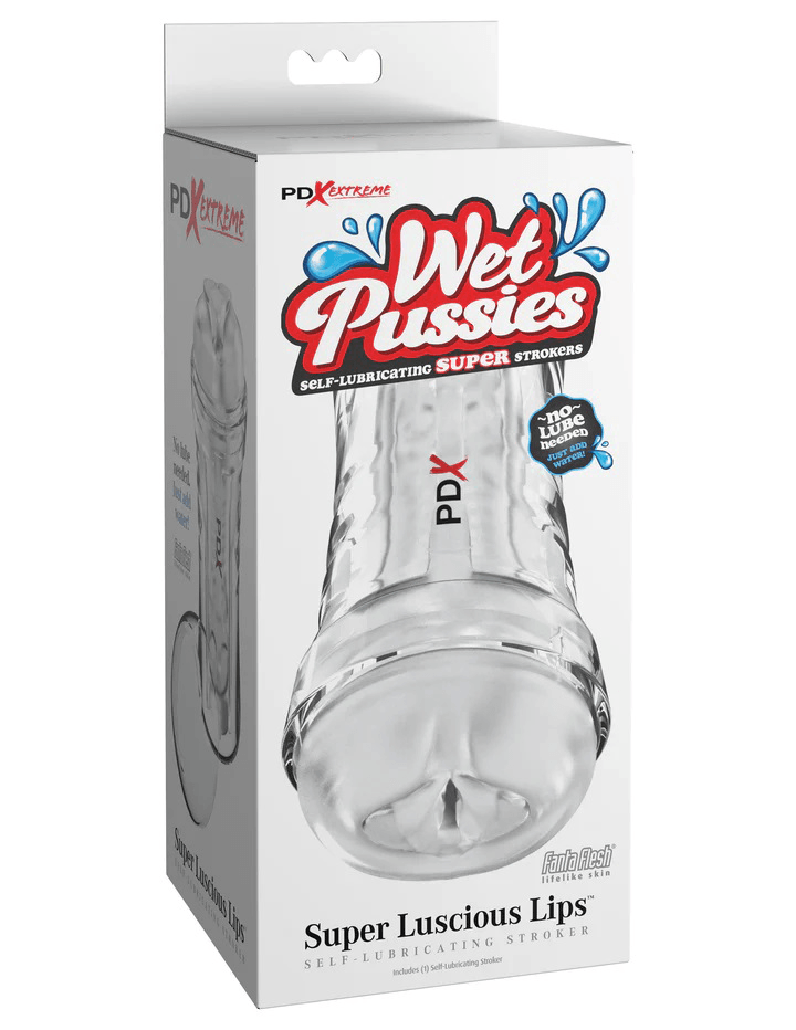 Wet Pussies Super Luscious Lips Self-Lubricating Stroker product packaging with clear male pleasure sleeve design.