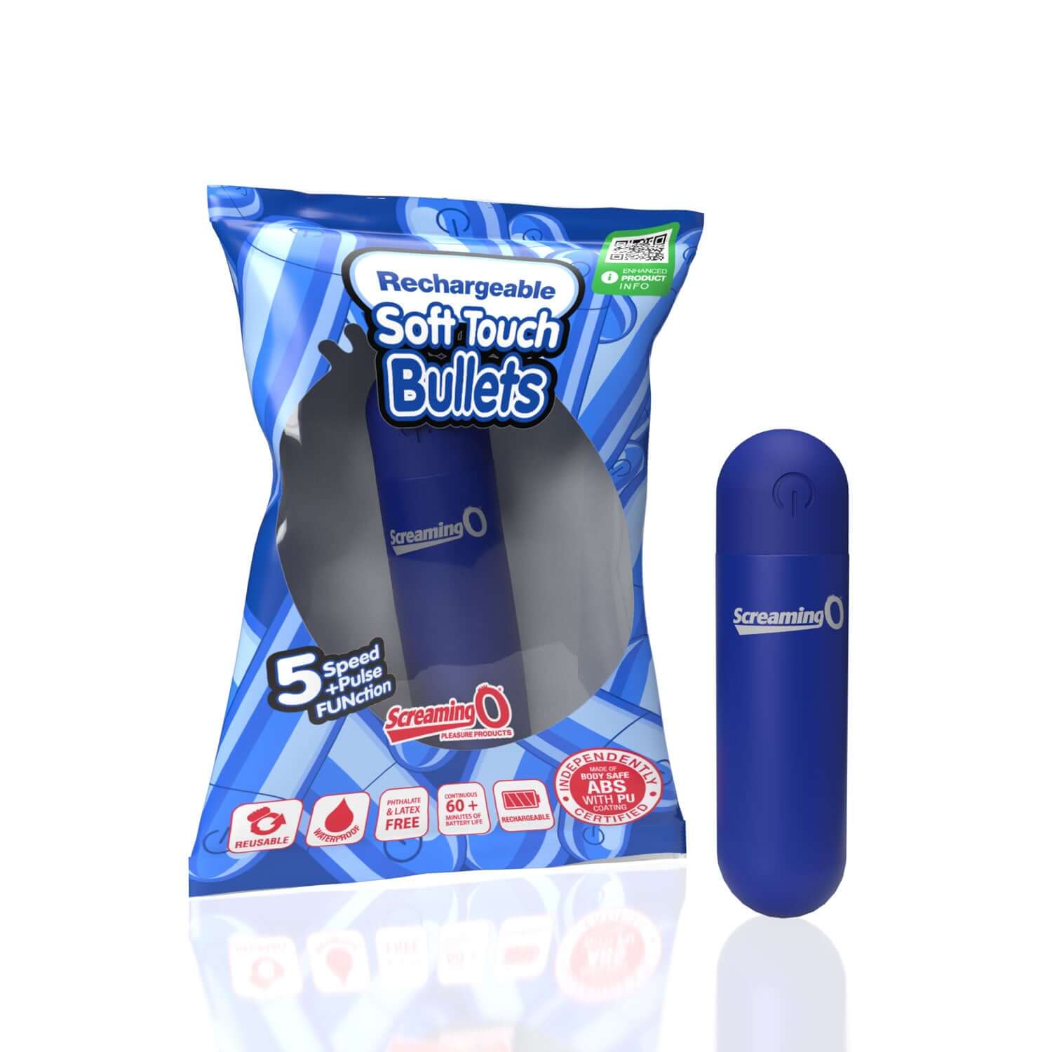 Screaming O Soft Touch Rechargeable Bullet Blue packaging and product displayed together.