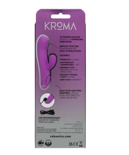 Kroma Turbo Passion Vibrator Purple packaging featuring features and specifications for powerful dual stimulation.